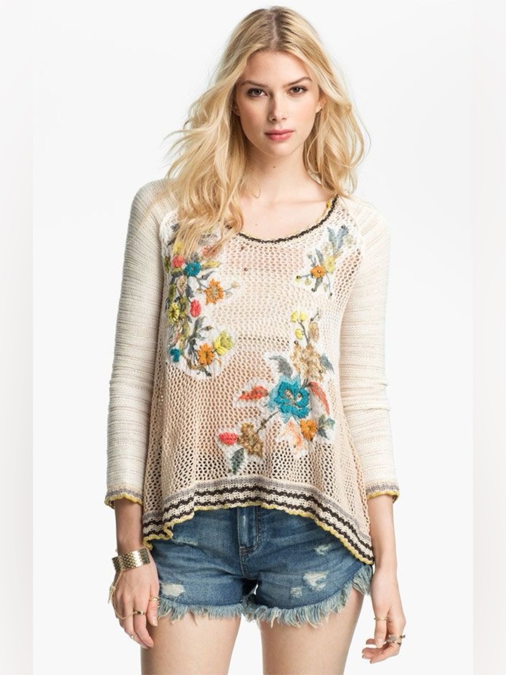 FREE PEOPLE MEDIUM Boho Embroidered Cream Open-Knit Sweater